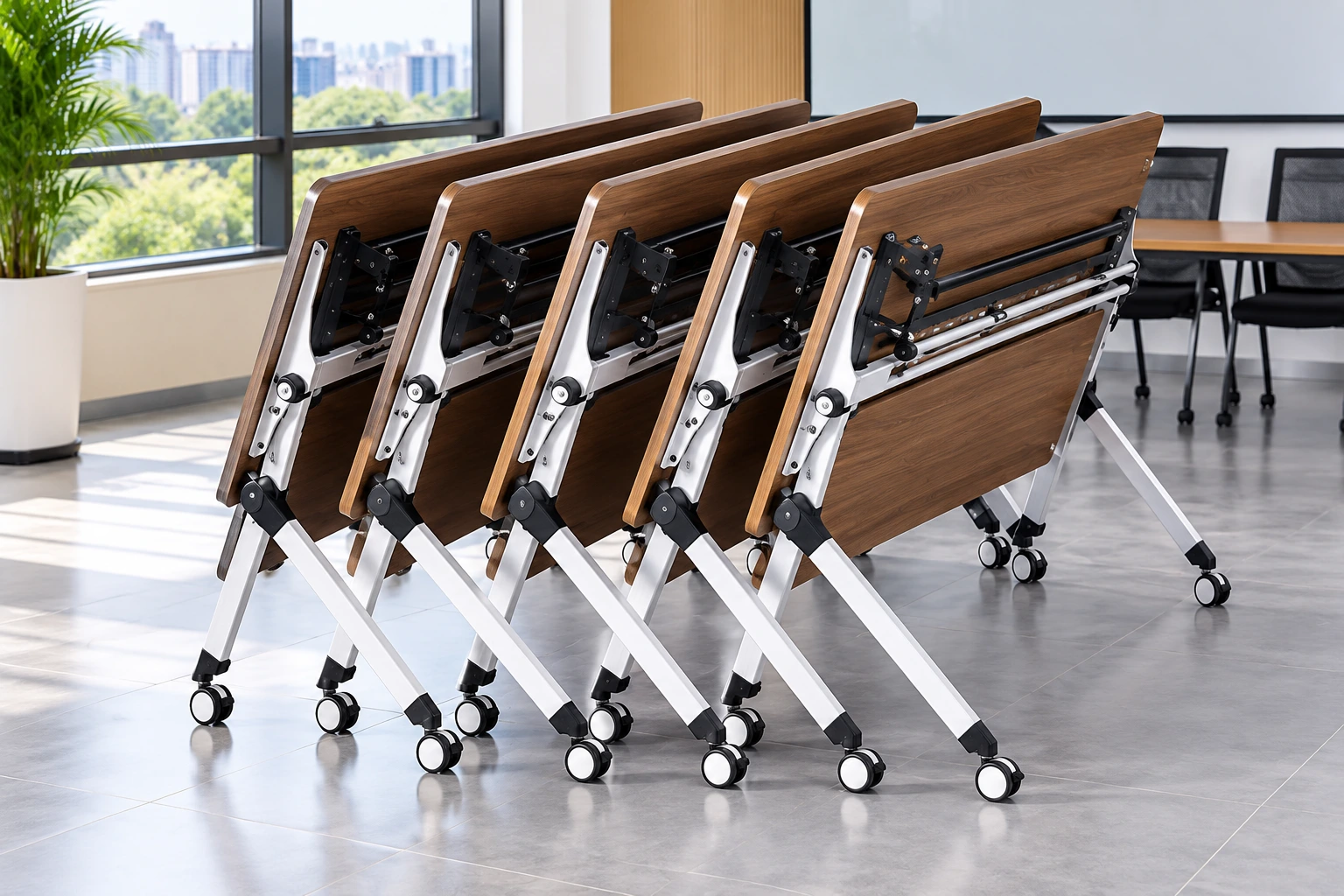 Mobile flip-top folding training tables with caster wheels and wood-look tops nested together in a modern office.